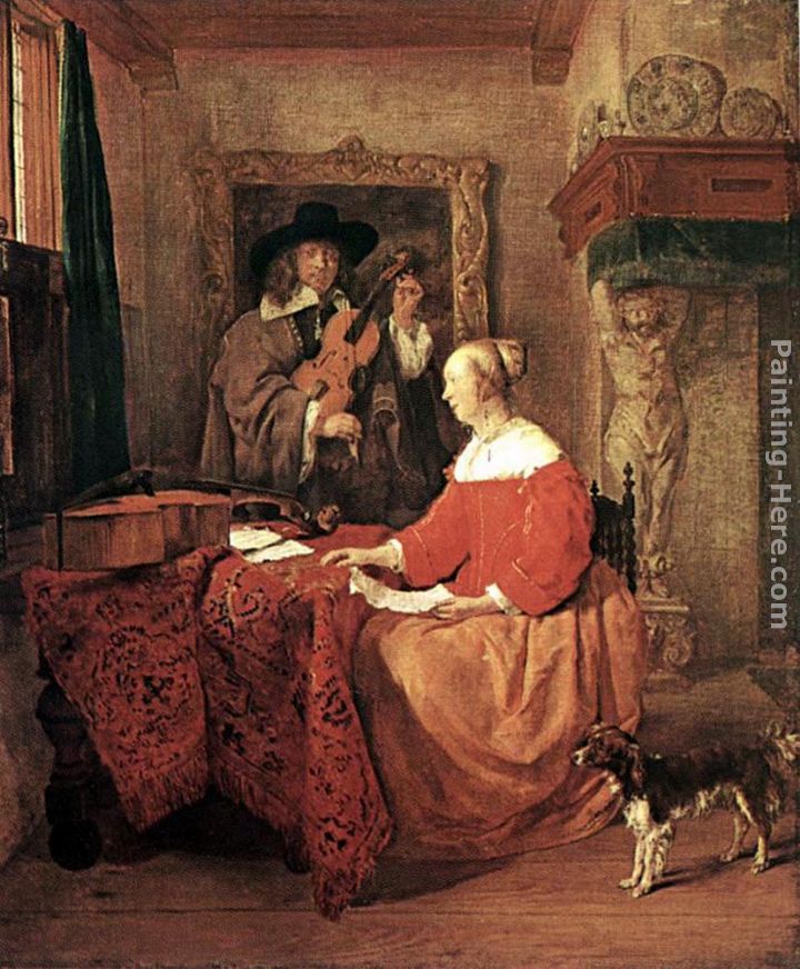A Woman Seated at a Table and a Man Tuning a Violin painting - Gabriel Metsu A Woman Seated at a Table and a Man Tuning a Violin art painting